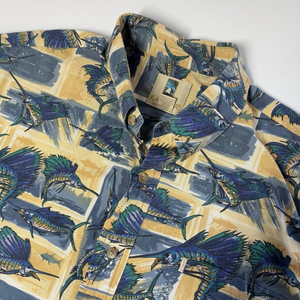 Vintage Mens Kahala Hawaiian Shirt Size L Yellow Sailfish Boating Vacation